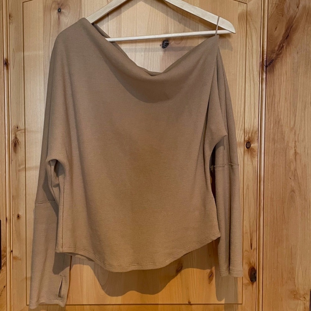 We The Free Off Shoulder Minimalist Waffle Knit Top Oversized Beige Normcore XL